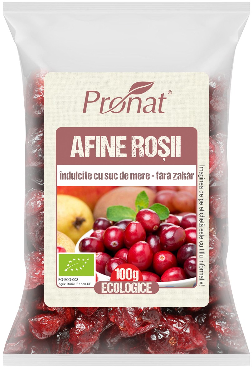 Afine rosii bio indulcite cu suc de mere, 100g Pronat
