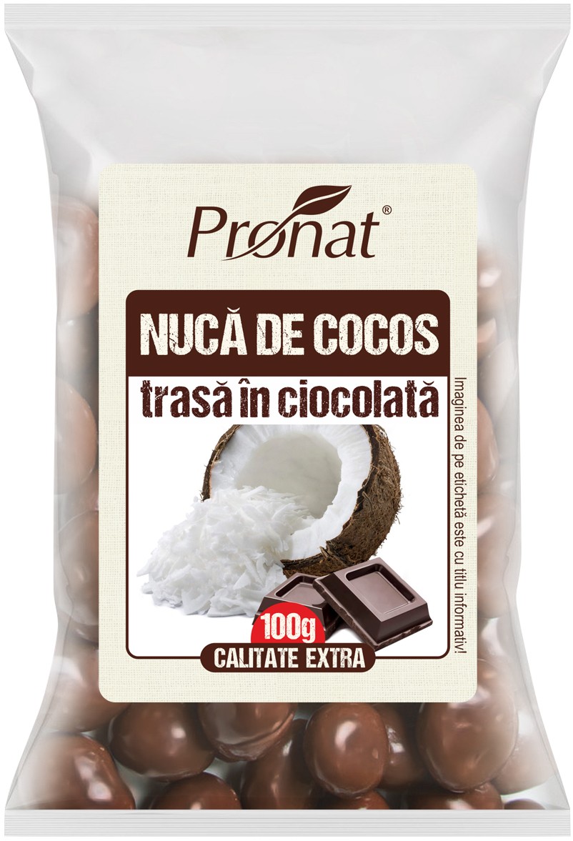 Nuca de cocos trasa in ciocolata, 100g Pronat