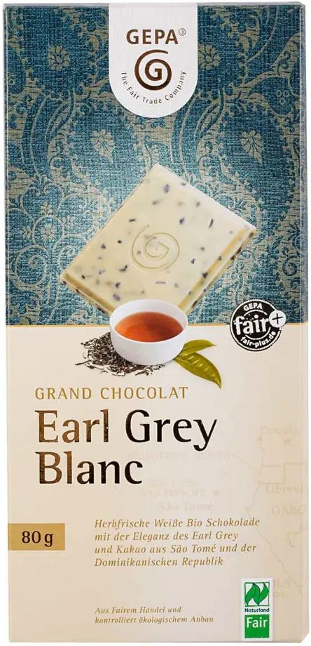 Ciocolata alba bio cu ceai negru Earl Grey si ulei de bergamota, 80g Gepa