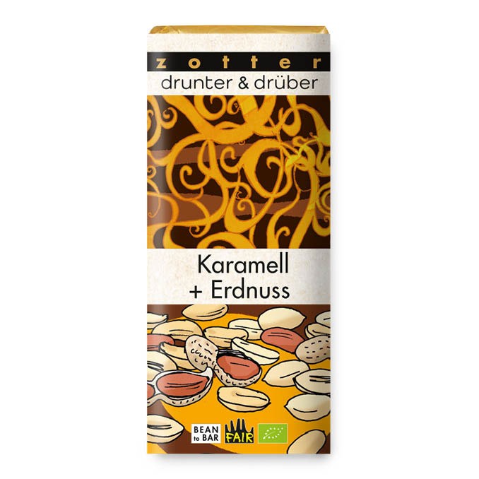 Bio & Fair baton de caramel cu unt de cacao și nuga de arahide cu bucăți de arahide, 70g Zotter
