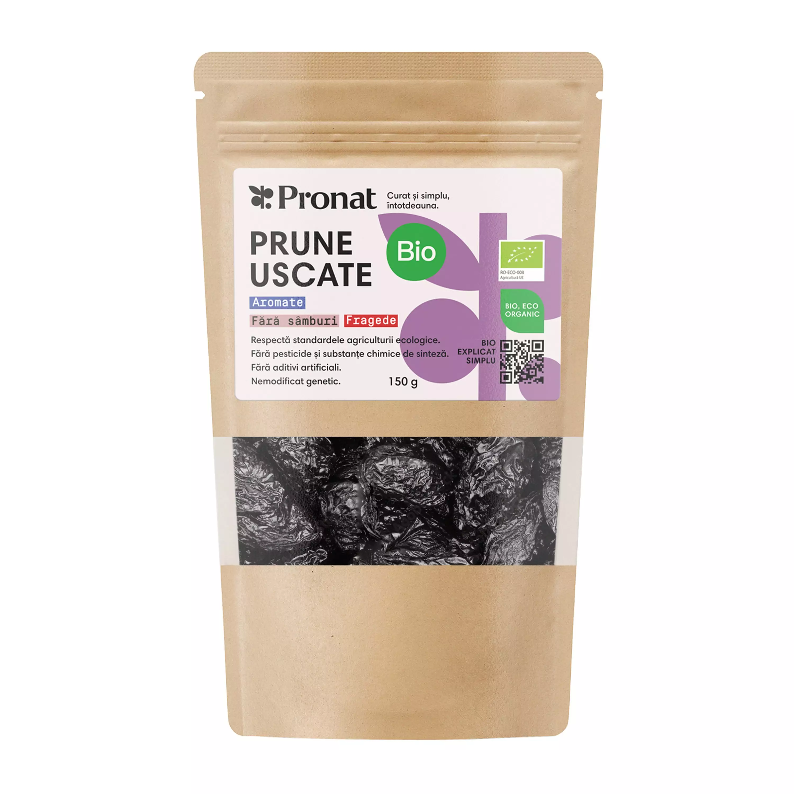Prune uscate bio, fara samburi, 150g Pronat