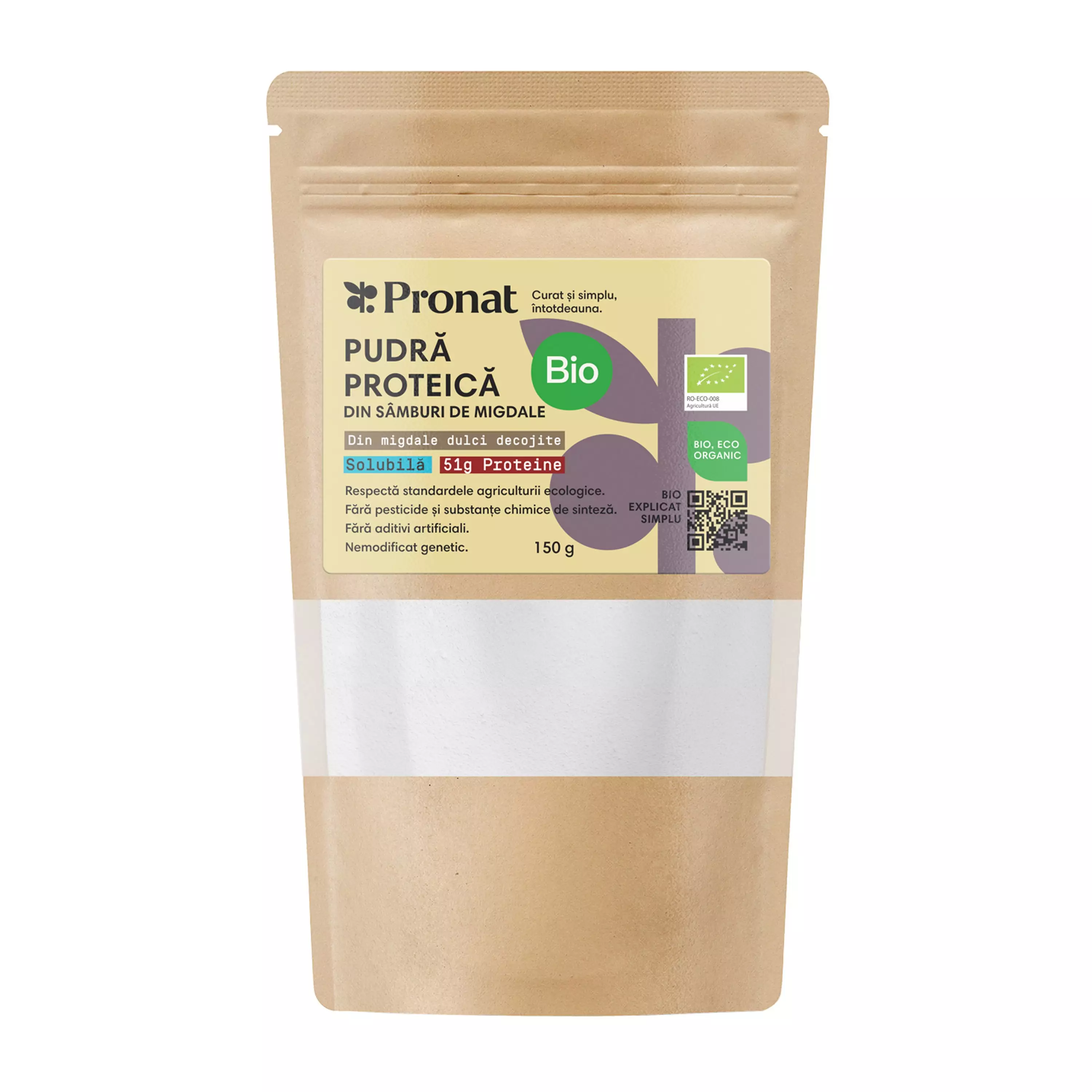 Pudra proteica solubilă bio din samburi de migdale, 150g Pronat