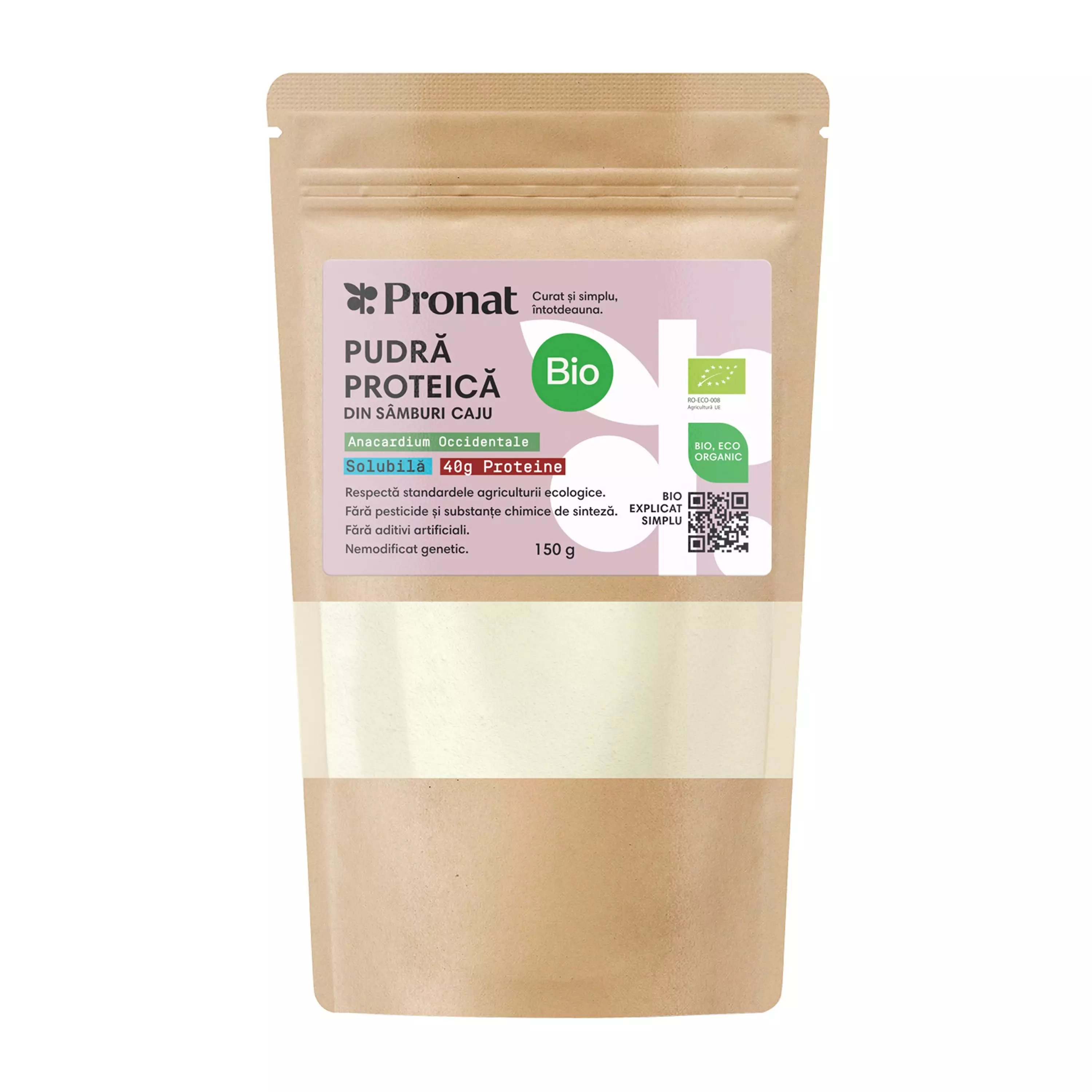Pudra proteica solubilă bio din samburi caju, 150g Pronat