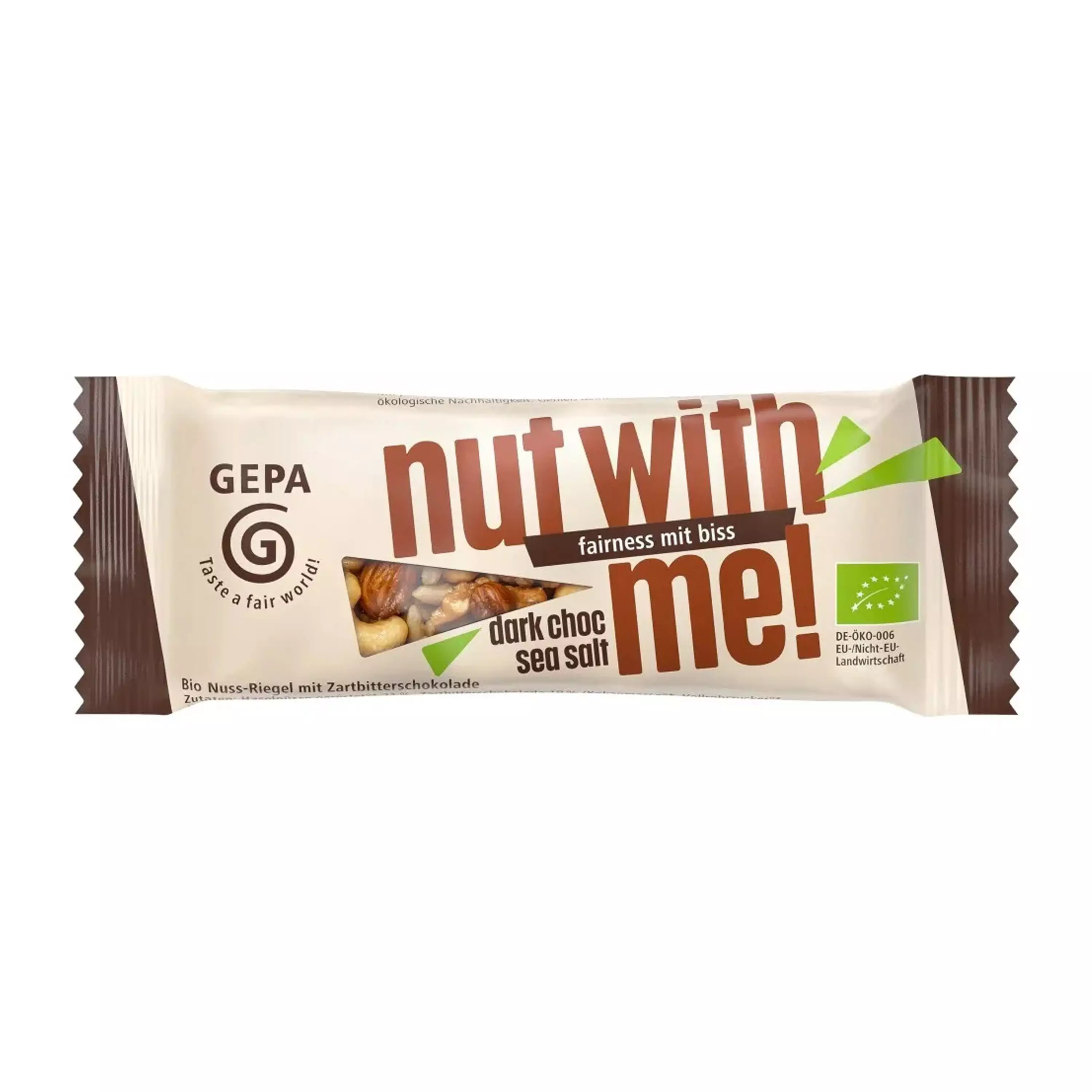 Baton bio și fairtrade din alune și nuci cu ciocolată neagră și sare de mare, 40g Gepa