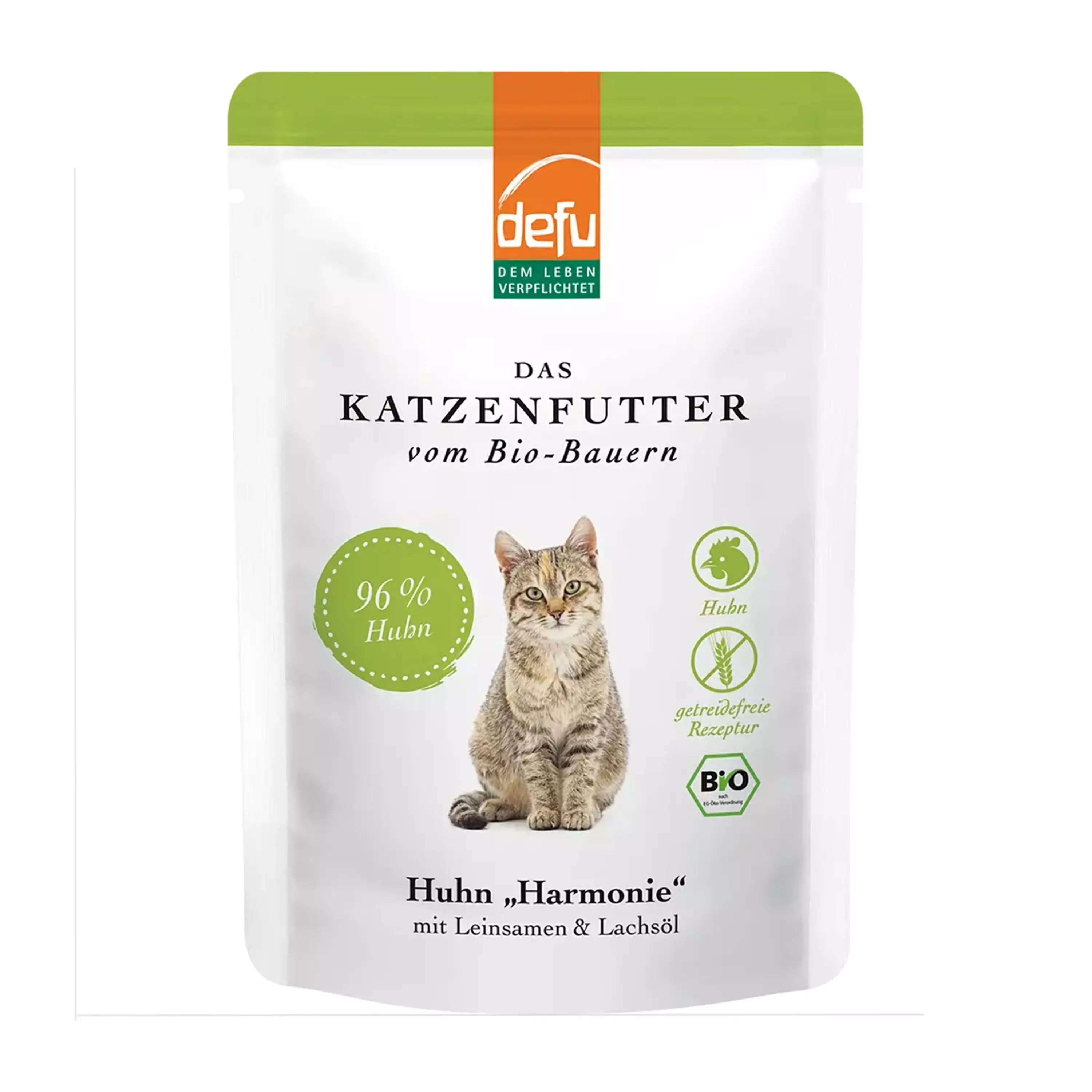Hrana umeda pentru pisici „Harmonie” cu pui,  seminte de in si ulei de somon, bio, 85g, Defu