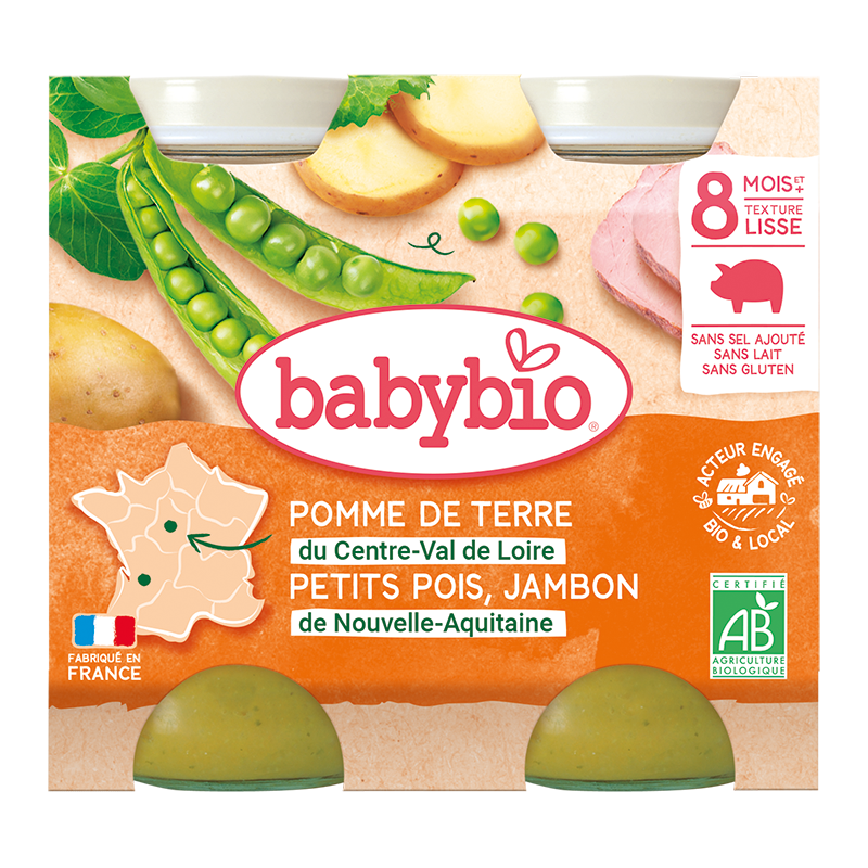 Piure bio din cartofi, mazare si jambon +8 luni, 2 x 200g, BabyBio