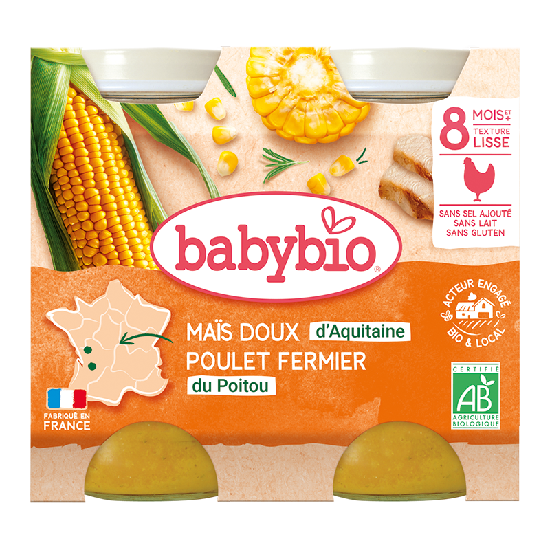 Piure de porumb dulce si pui Bio, 2 x 200g, BabyBio