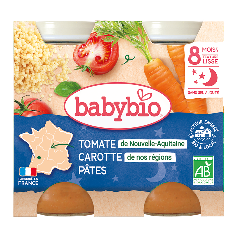 Piure de morcovi cu rosii si paste, 2 x 200g, BabyBio