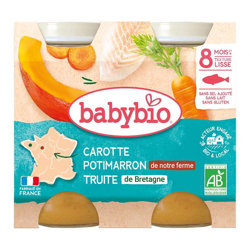 Piure cu pastrav, dovleac si morcov +8 luni Bio, 2 x 200g, BabyBio