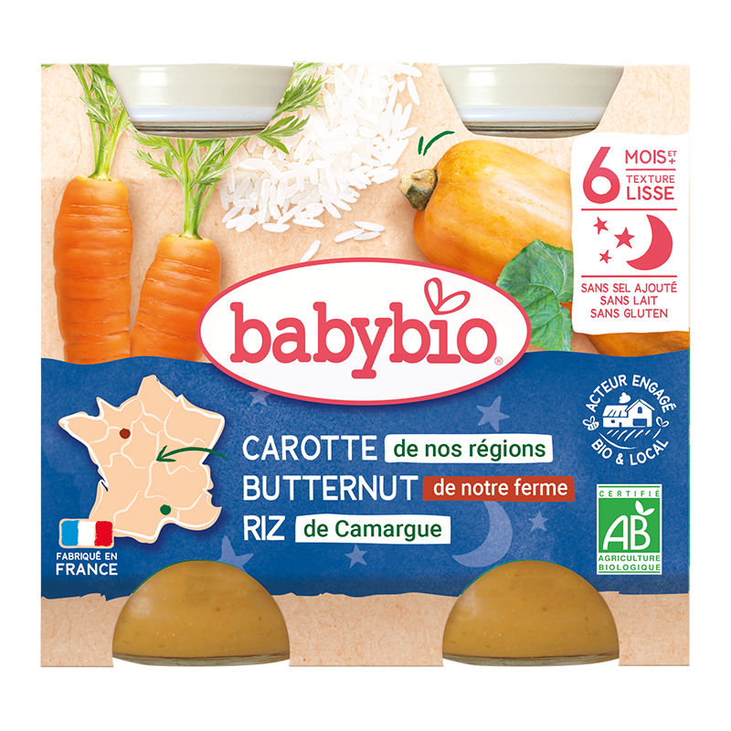 Piure de morcovi, dovleac si orez Bio, 2 x 200g, BabyBio