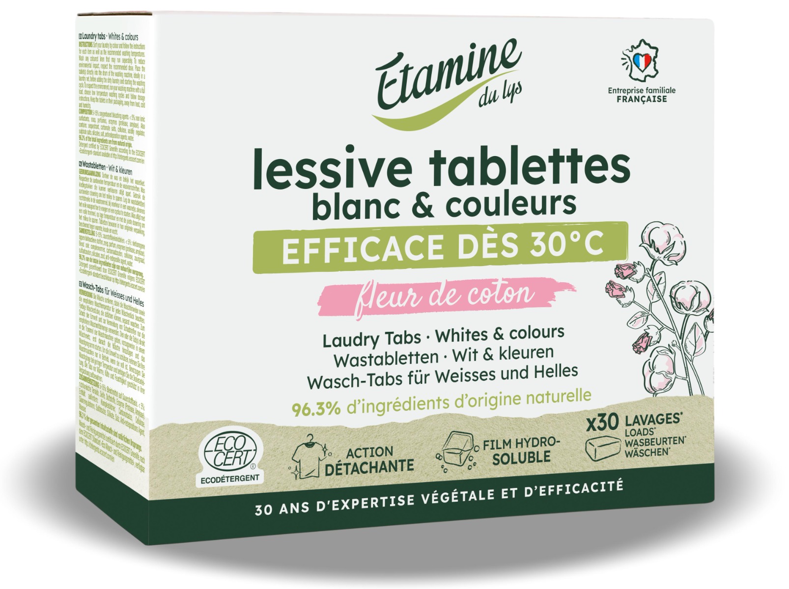 Tablete bio pentru rufe albe si colorate cu parfum de flori de bumbac, 30 bucati, Etamine