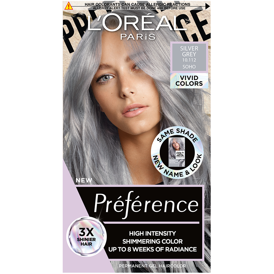 Vopsea de par permanenta cu amoniac Preference Vivid Colours 10.112 Silver Grey, 204ml, L'Oreal Paris