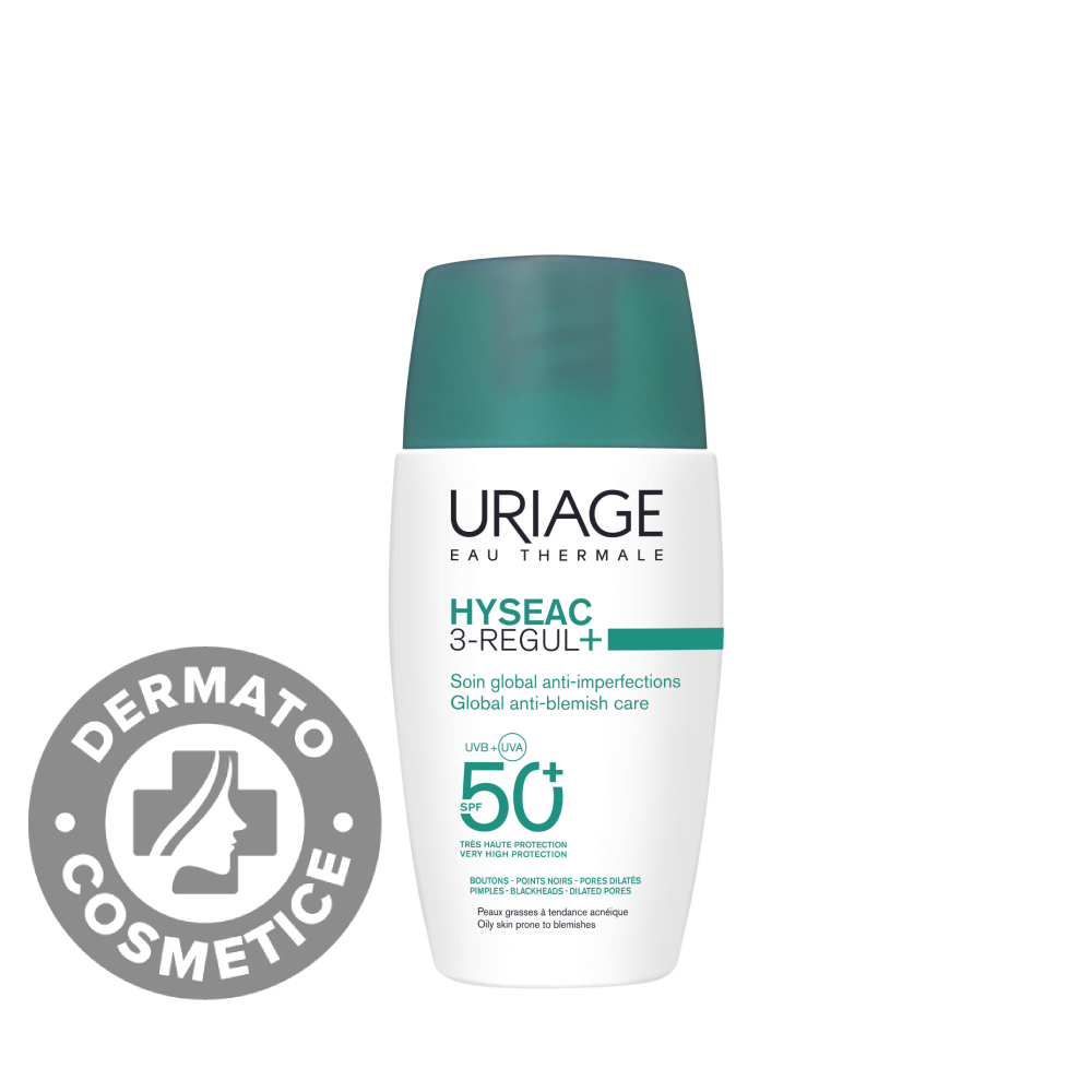 Crema pentru tenul predispus la acnee cu protectie solara SPF50+ Hyseac 3-Regul+, 50ml, Uriage