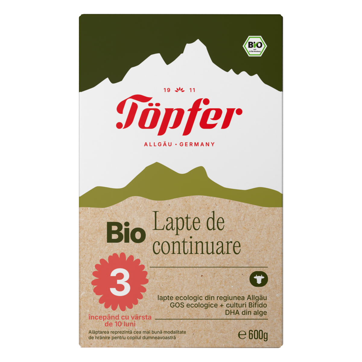Lapte praf Bio 3 de la 10 luni, 600g, Topfer