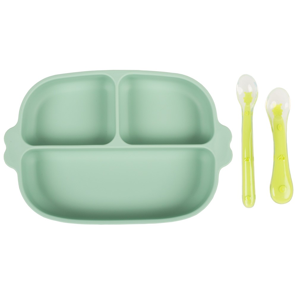 Set farfurie cu ventuza si 2 lingurite din silicon fara BPA verde, 1 bucata, KidsCare