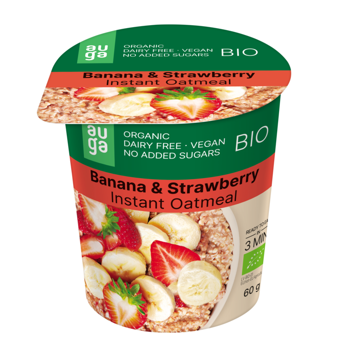 Porridge instant din ovaz integral banane si capsuni, 60g, Auga