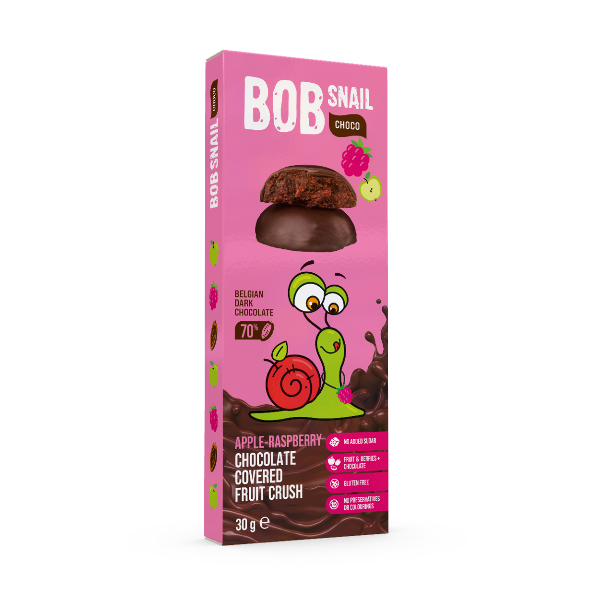 Snack fructat din mere si zmeura in ciocolata neagra, 30g, Bob Snail