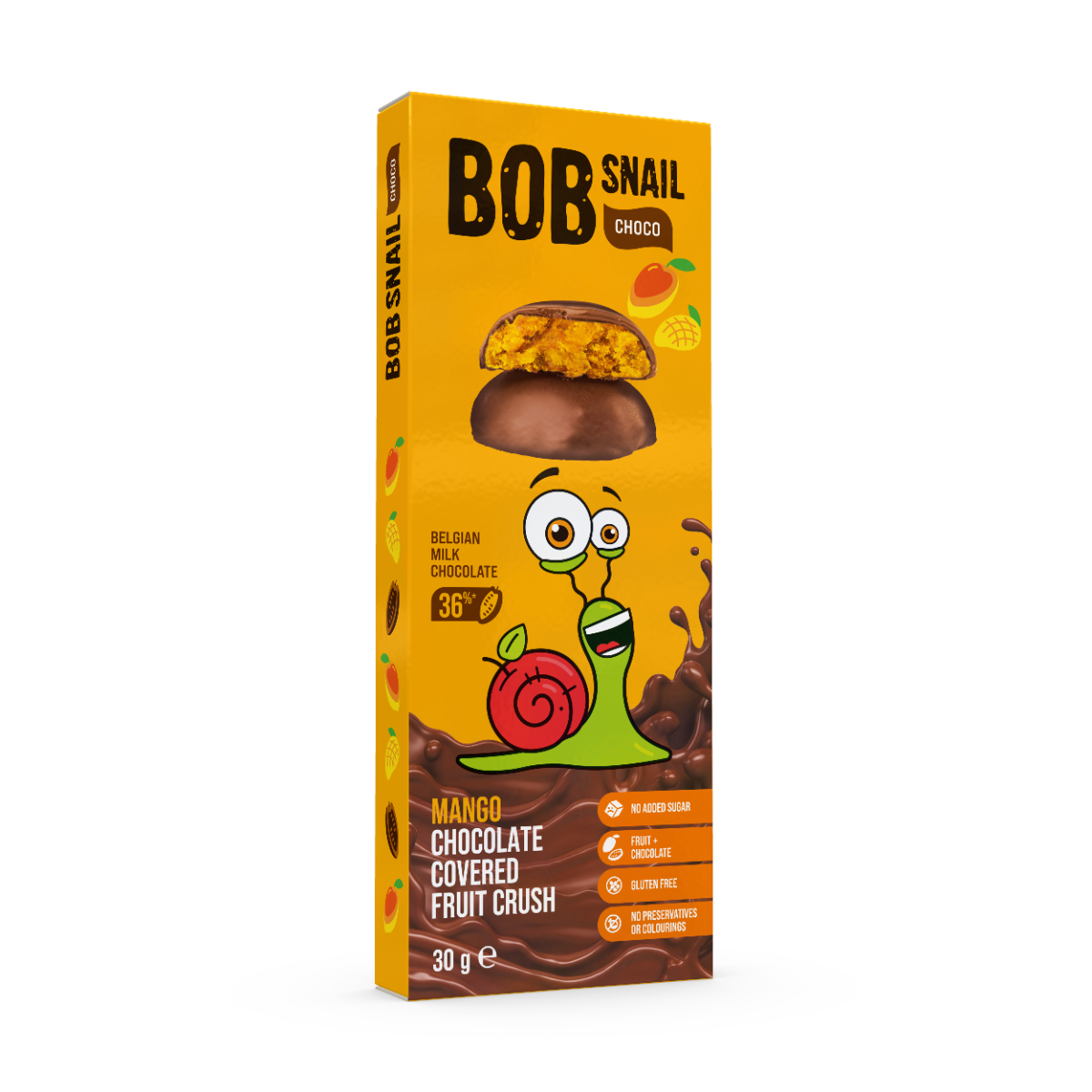 Snack fructat din mango invelit in ciocolata cu lapte, 30g, Bob Snail