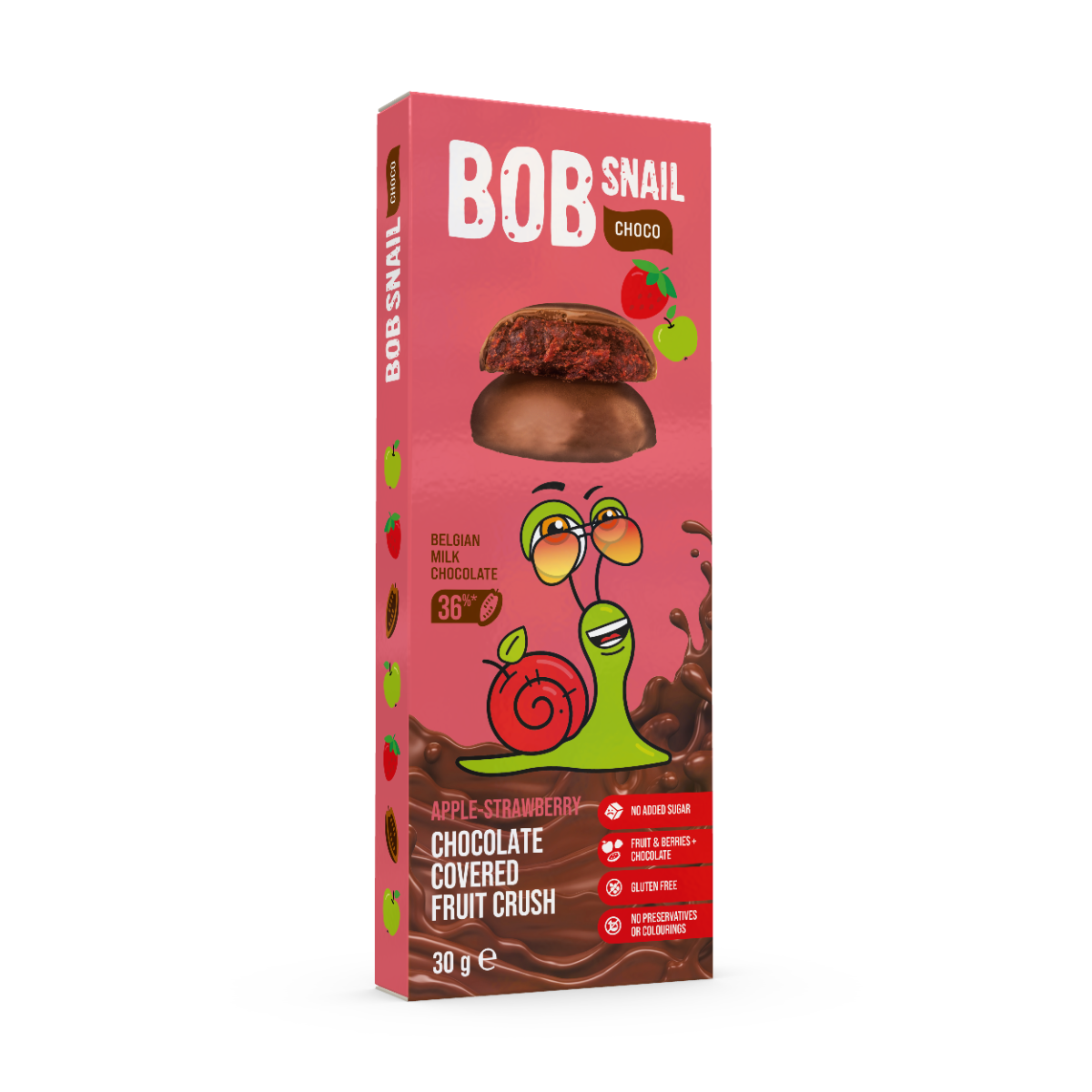 Snack fructat din mere si capsuni in ciocolata cu lapte, 30g, Bob Snail
