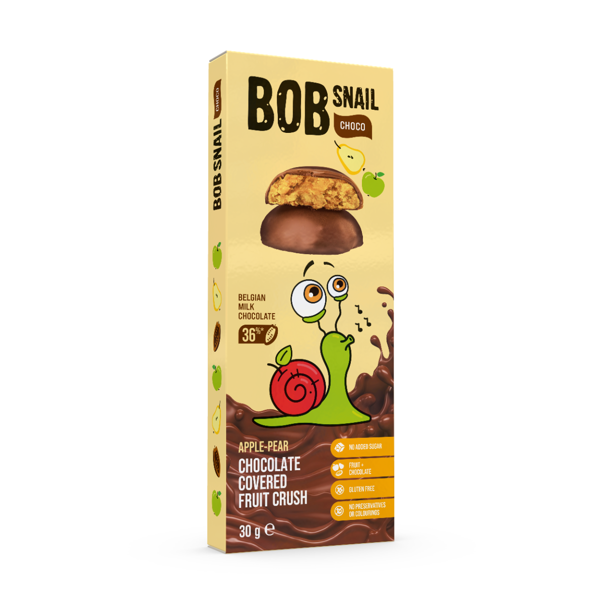 Snack fructat din mere si pere in ciocolata cu lapte, 30g, Bob Snail