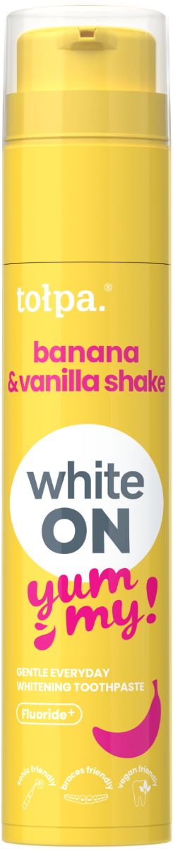 Pasta de dinti cu aroma de banana si shake de vanilie White ON Yummy, 60g, Tolpa