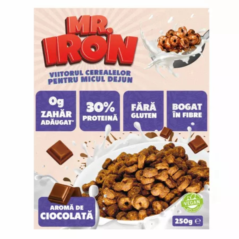 Cereale cu 30% proteina fara zahar low-carb gluten free si vegane Ciocolata, 250g, Mr. Iron