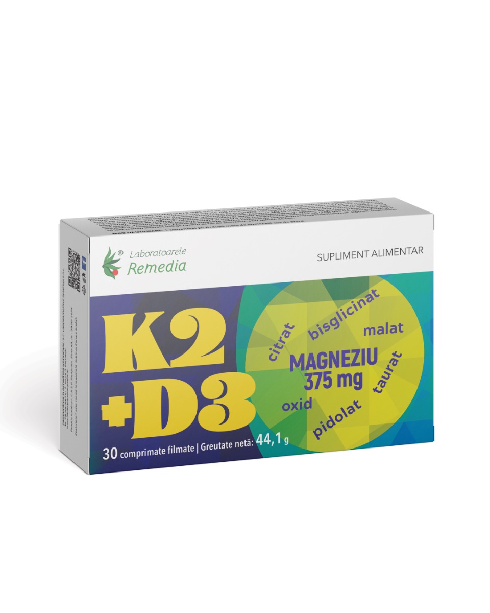 K2 + D3 + Magneziu 375mg, 30 comprimate, Laboratoarele Remedia