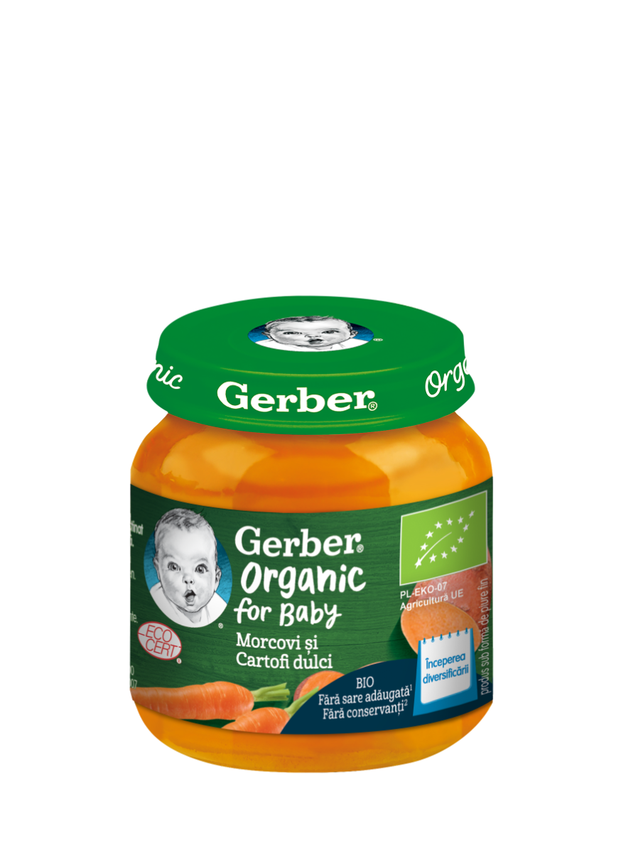Piure Bio din morcovi si cartofi dulci de la 4 luni, 125g, Gerber