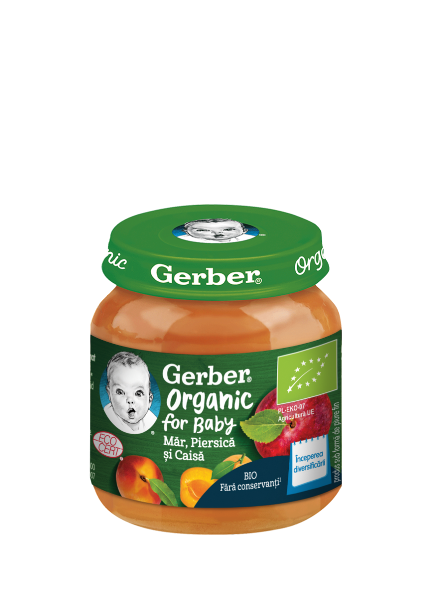 Piure Bio din mar cu piersica si caisa de la 4 luni, 125g, Gerber