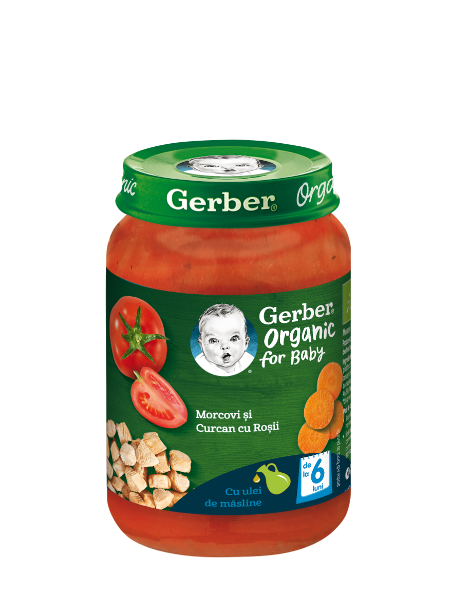 Piure Bio din morcovi cu rosii si curcan de la 6 luni, 190g, Gerber