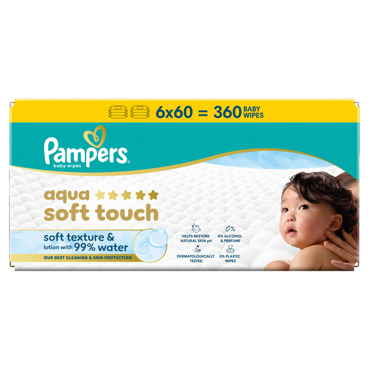 Servetele umede cu 99% apa si lotiune usoara Aqua Soft Touch, 360 bucati, Pampers