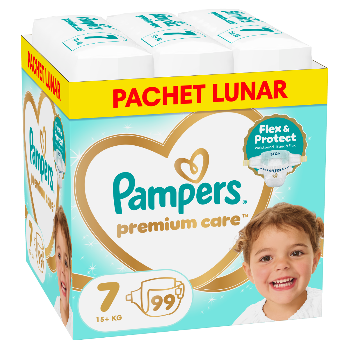 Scutece Premium Care Marimea 7 pentru 15+ kg, 99 bucati, Pampers