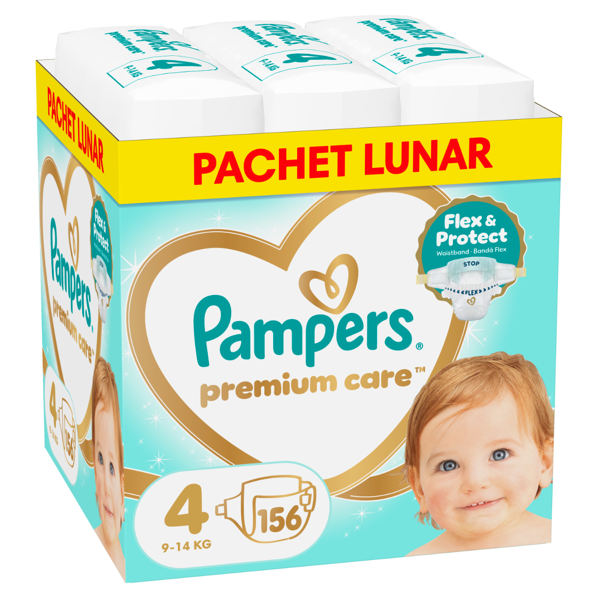 Scutece Premium Care Marimea 4 pentru 9-14 kg, 156 bucati, Pampers