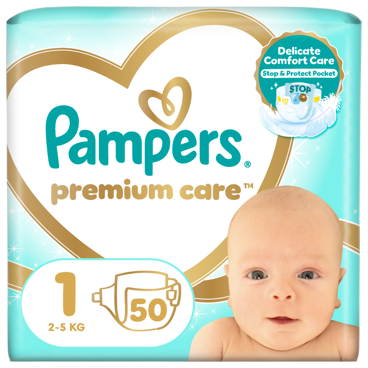 Scutece Premium Care Nr.1 pentru 2-5 kg, 50 bucati, Pampers