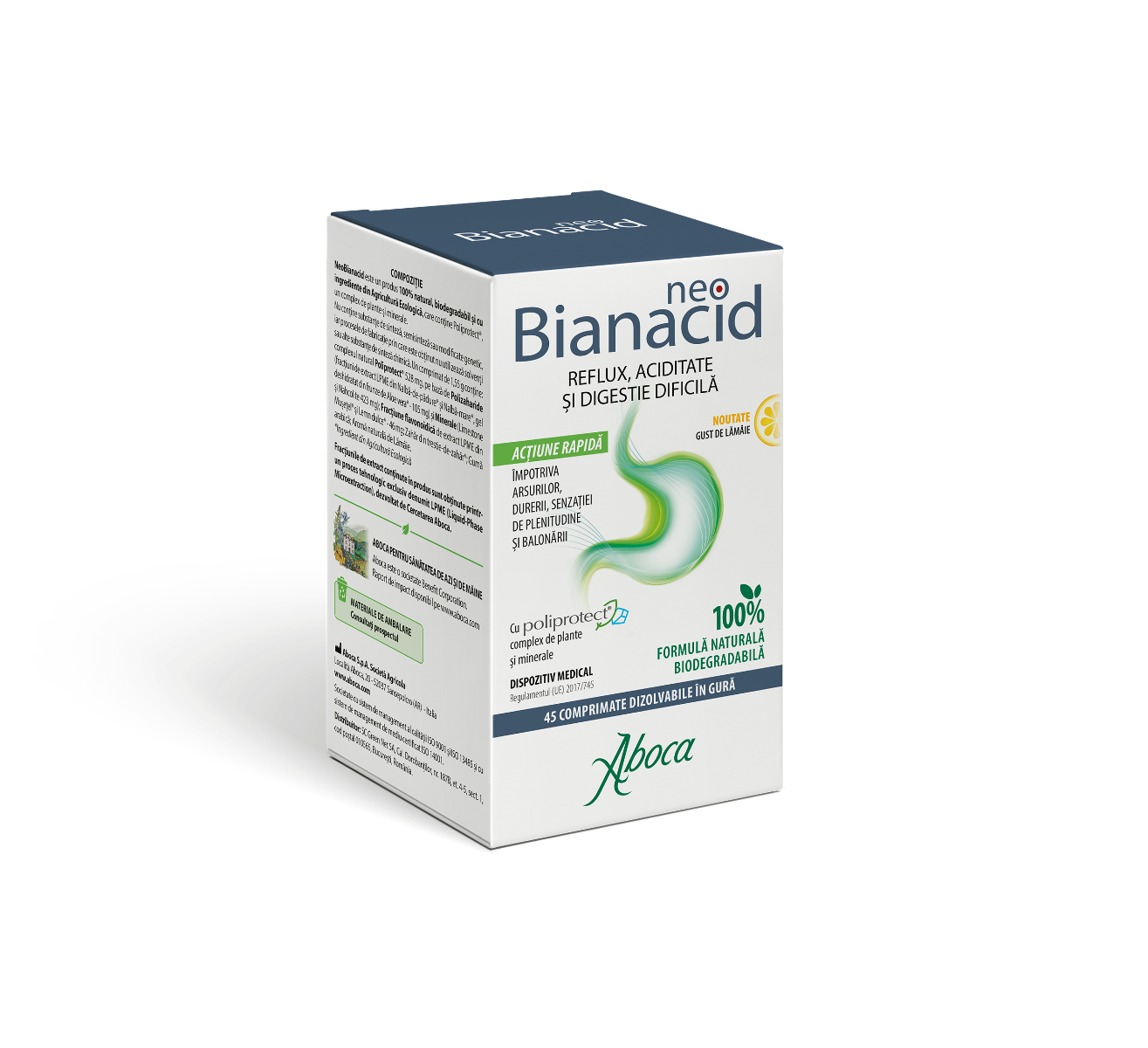 NeoBianacid pentru aciditate si reflux cu gust de lamaie, 45 comprimate, Aboca