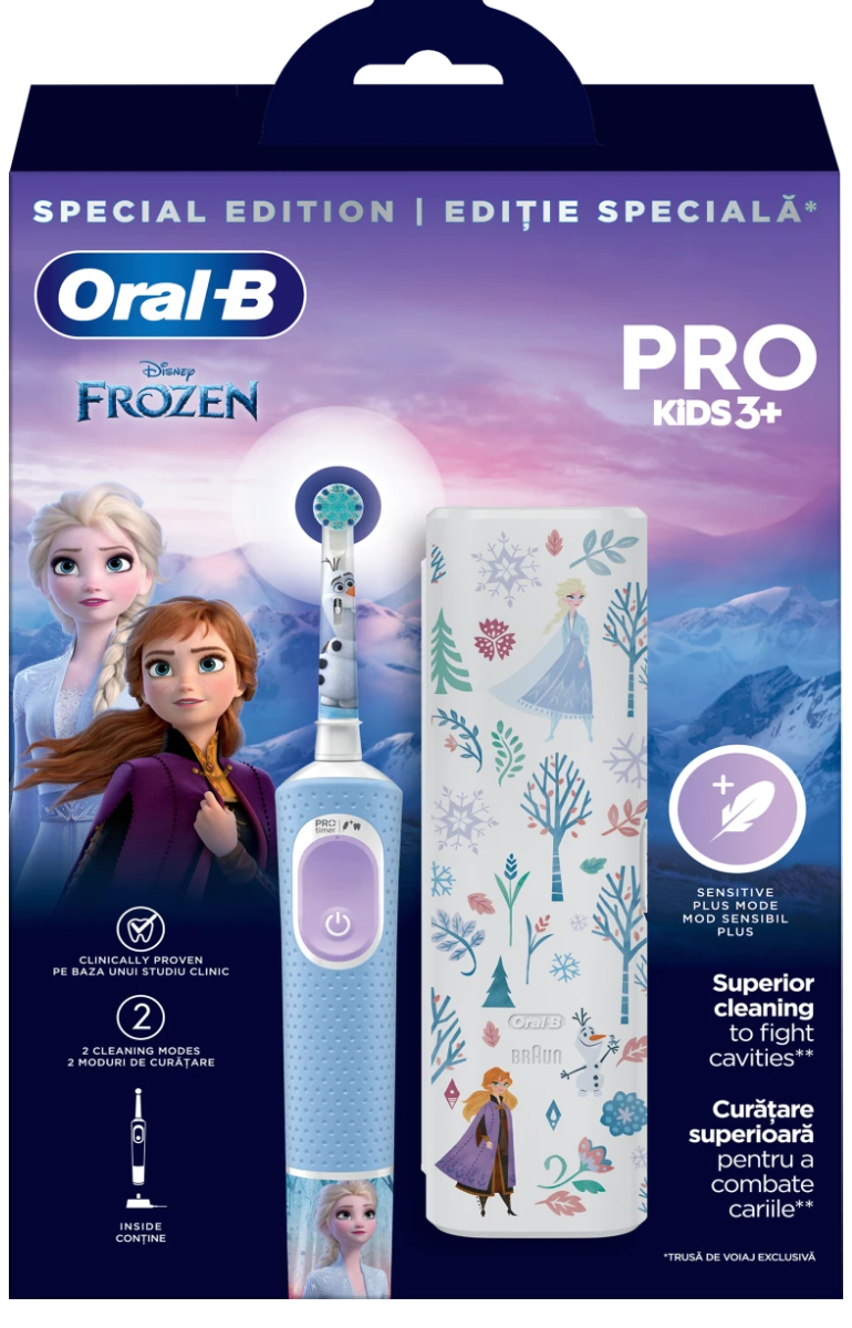 Set Periuta de dinti electrica Pro Kids cu 2 moduri de periaj + Trusa de voiaj Frozen +3 ani, Oral-B