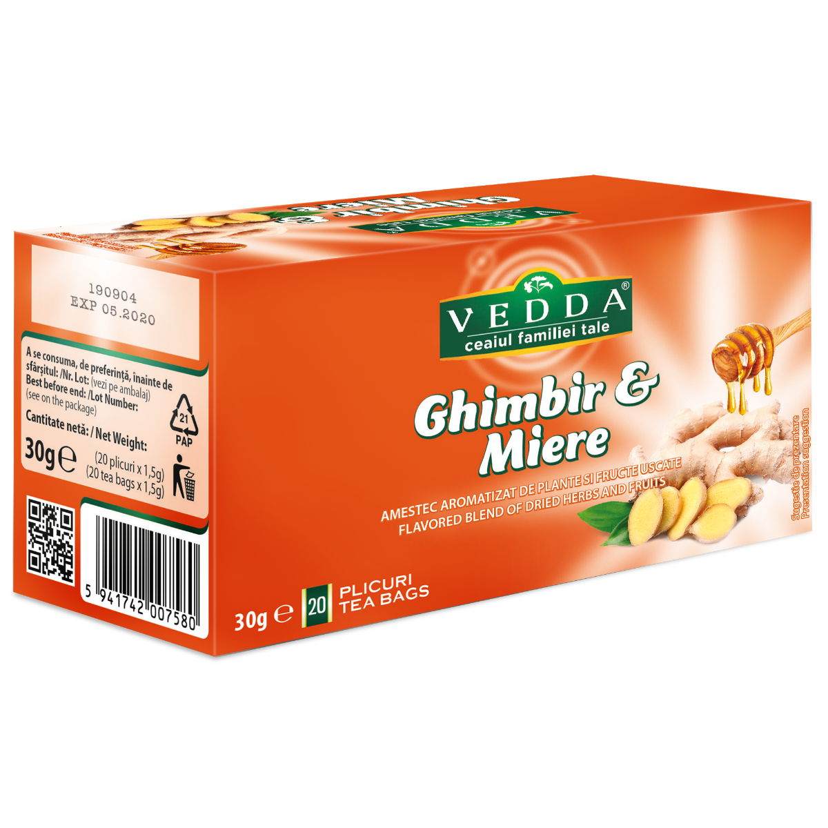 Ceai de ghimbir si miere, 20 plicuri, Vedda