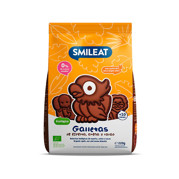 Biscuiti in forma de animalute din grau spelta si cacao +10 luni Bio, 220g, Smileat