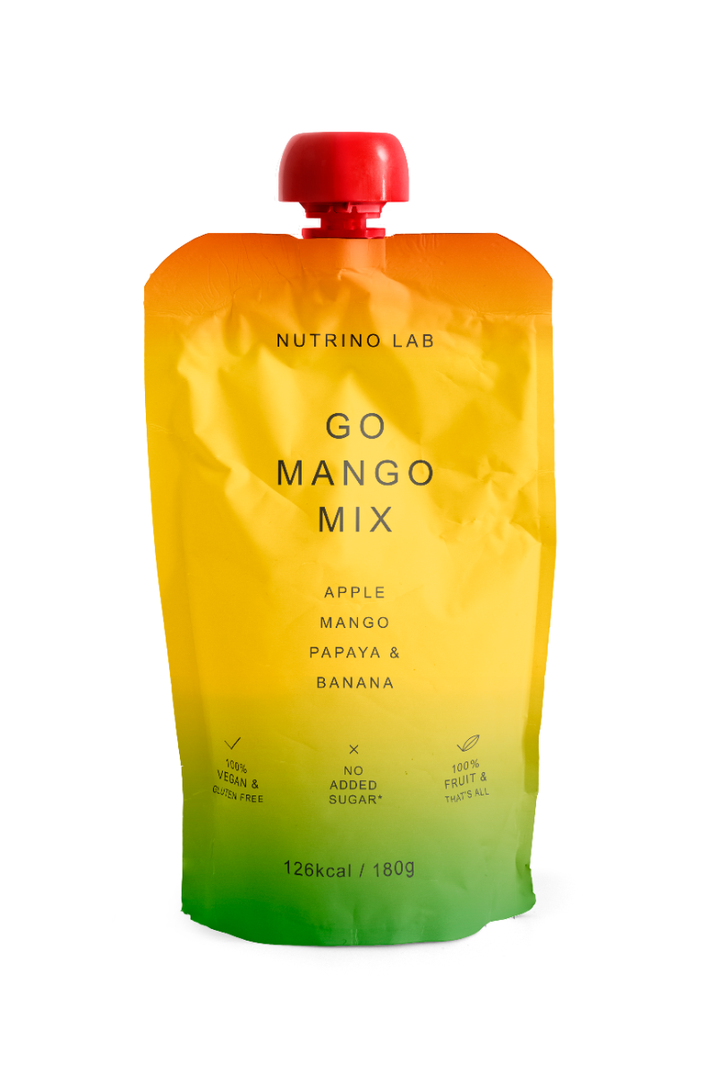 Piure pasteurizat din fructe cu mere mango papaya si banane, 180g, Nutrino Lab