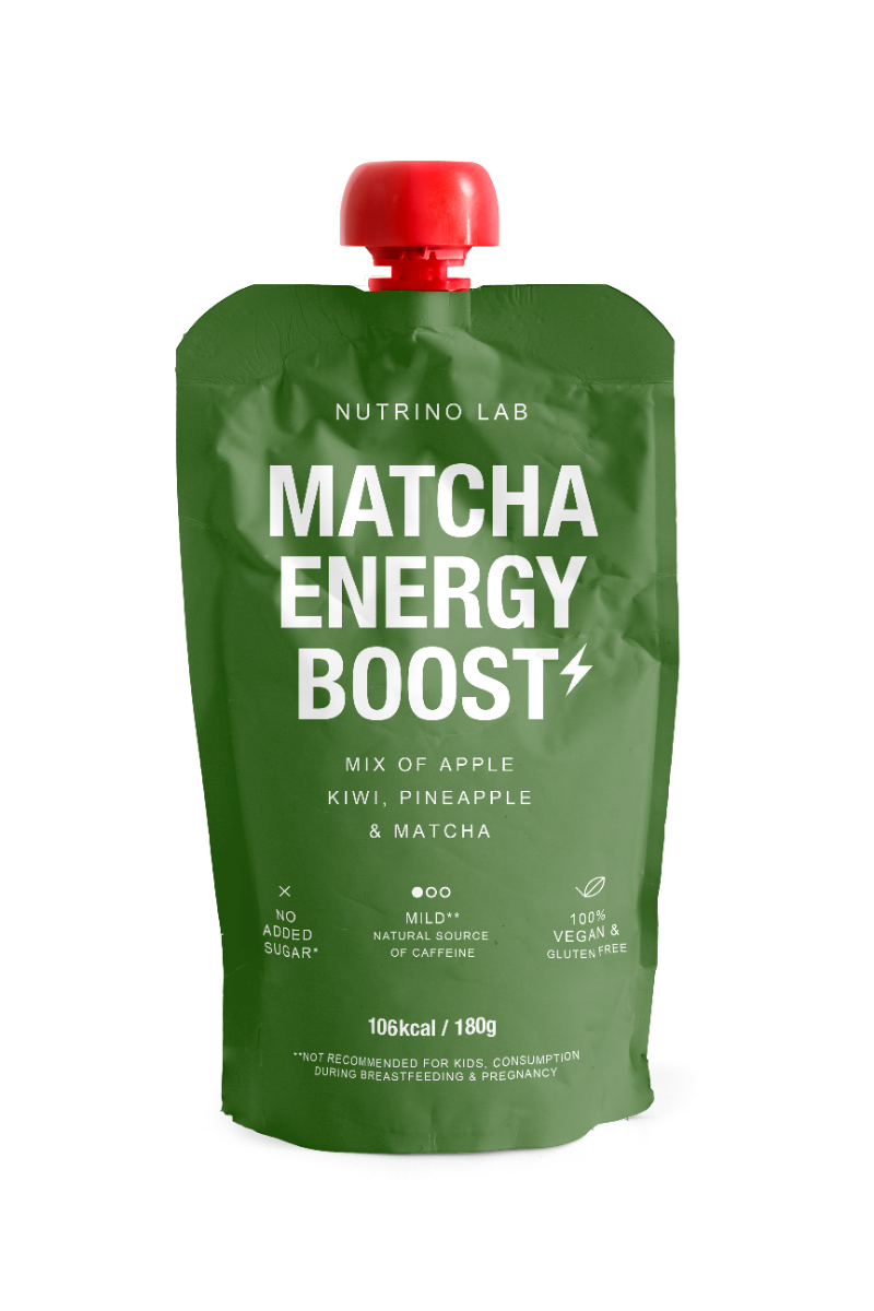 Piure pasteurizat din fructe cu mere kiwi ananas si pudra de matcha, 180g, Nutrino Lab