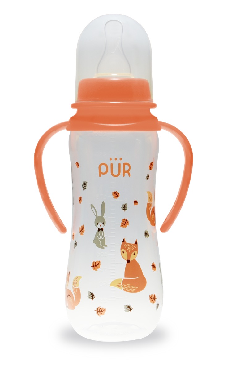 Biberon cu desen si manere piersica +6 luni, 250ml, PUR