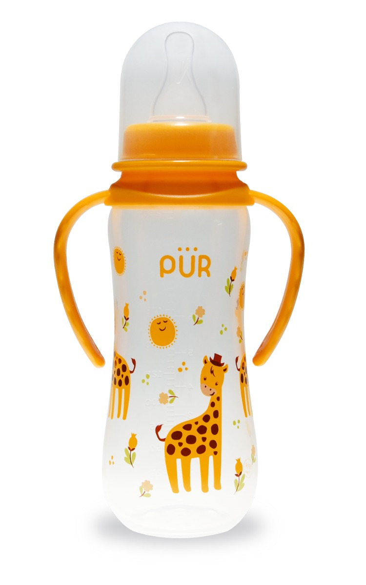 Biberon cu desen si manere galben +6 luni, 250ml, PUR