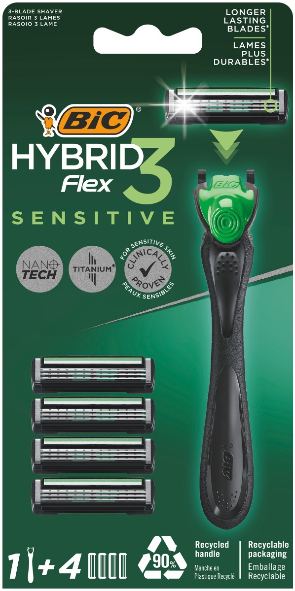 Pachet Aparat de ras Hybrid Flex 3 Sensitive 1 bucata + Rezerve 3 bucati, BIC