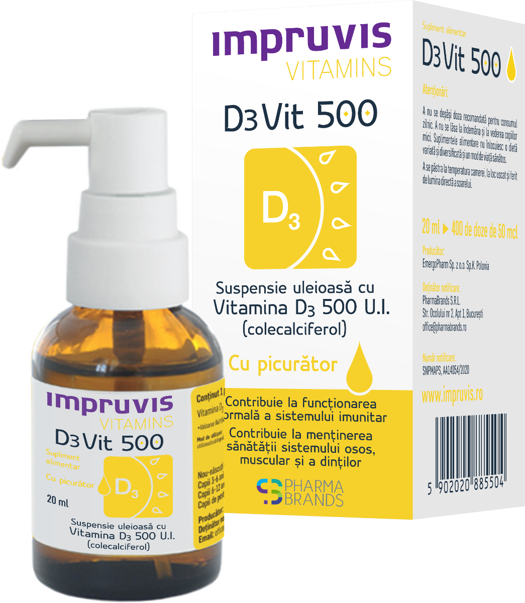 Suspensie uleioasa cu picurator Vitamina D3 D3Vit 500 U.I., 20ml, Pharma Brands