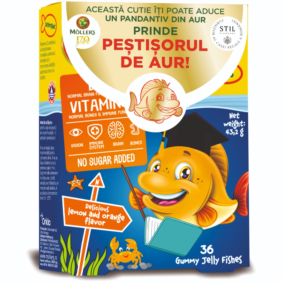 Pestisori gumati cu Omega 3 si aroma de lamai si portocale, 36 jeleuri, Moller's