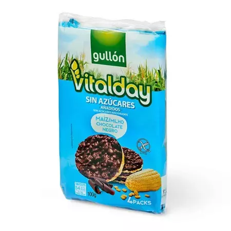 Porumb expandat fara zahar si fara gluten cu glazura de ciocolata neagra Vitalday, 100g, Gullon