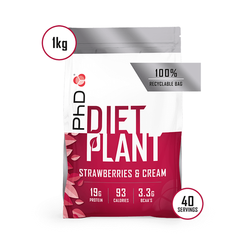 Pudra proteica Diet Plant cu aroma de capsuni si frisca, 1kg, PhD