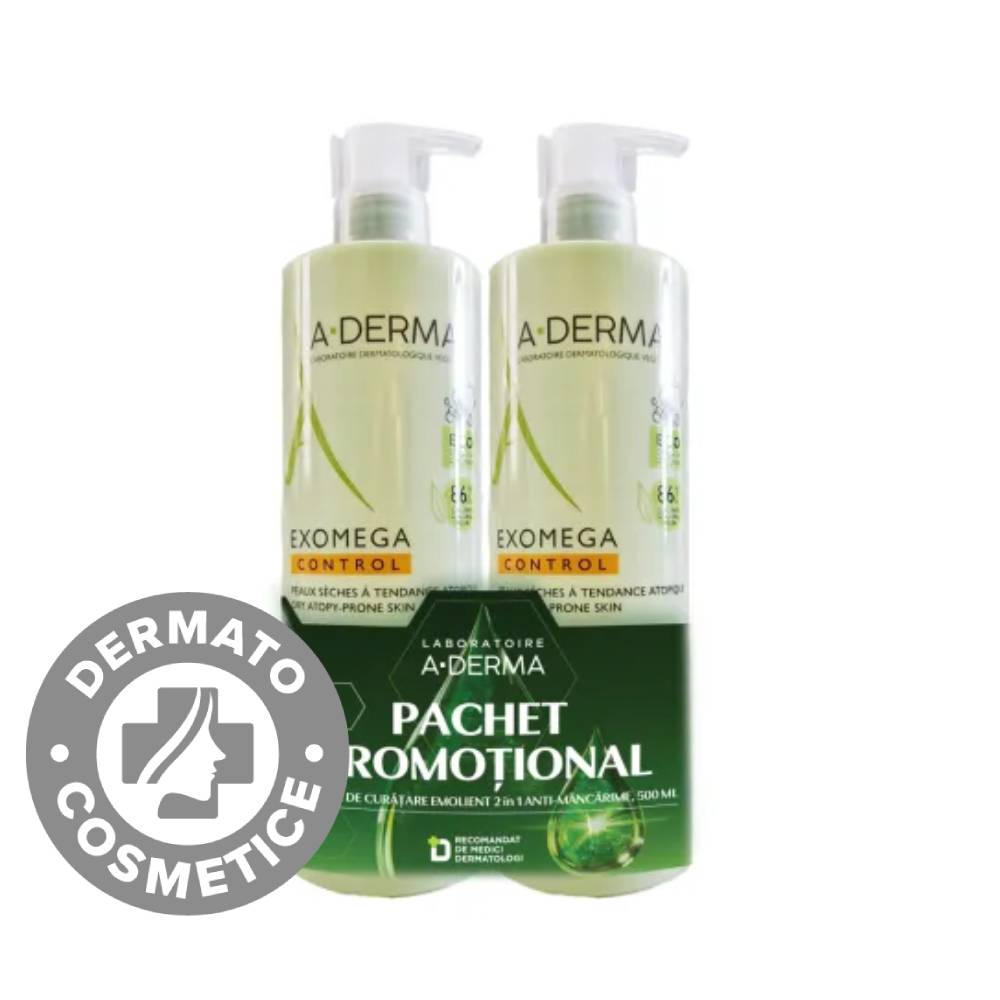 Pachet Gel de dus emoliant 2 in 1 Exomega Control, 2x500 ml, A-Derma