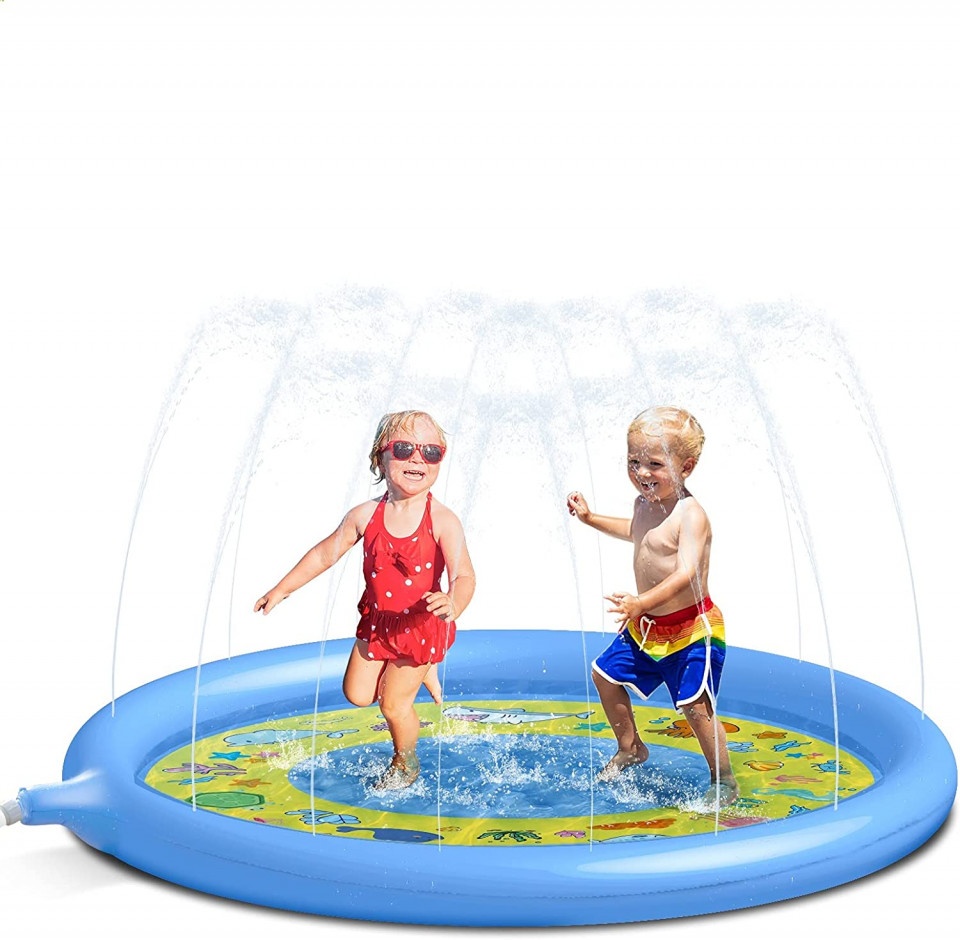 Piscina pentru copii cu stropitoare Glymnis, PVC, albastru/galben, 170 cm