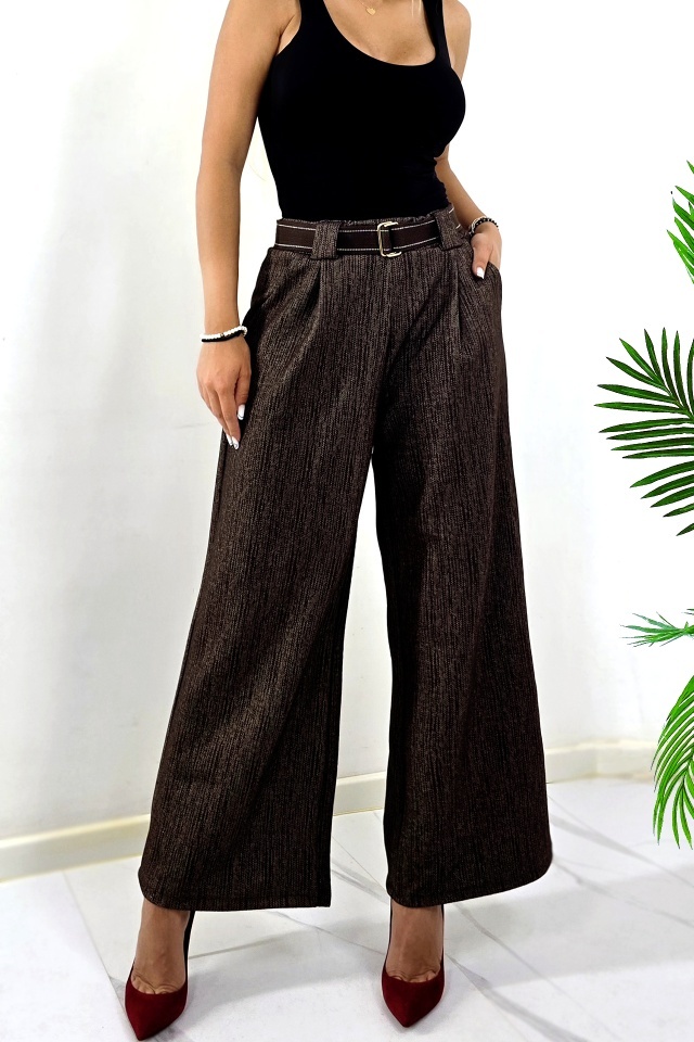 Pantaloni lungi si curea textila PERSEA, cu pense, Maro